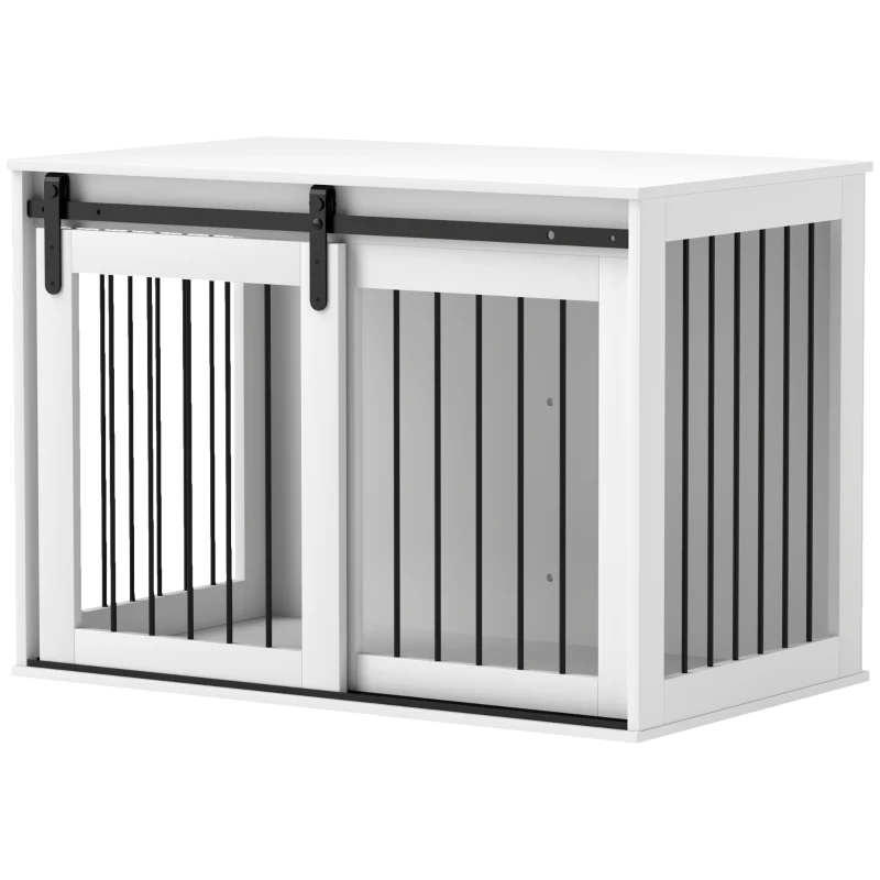 PawHut Hundebox mit Schiebetür, Belüftung, Spanplatte und Stahl, 98 x 58 x 61 cm, Walnuss(m-10)