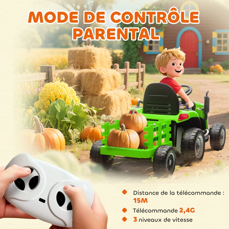 AIYAPLAY Tracteur électrique enfants avec remorque amovible, voiture électrique enfants, télécommande 2,4G, 139x58x55cm, vert