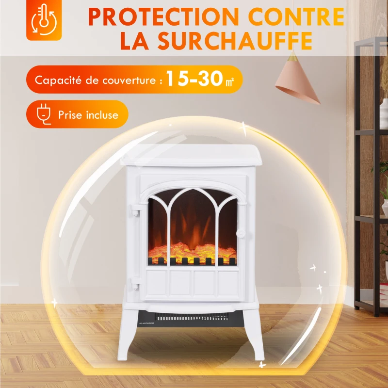 HOMCOM Cheminée électrique sur pied 1000/2000 W, fausse cheminée décorative avec effet flamme LED, blanc