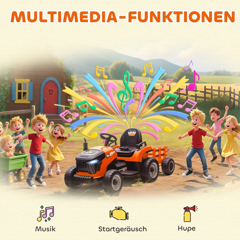 AIYAPLAY Elektrischer Kindertraktor, Aufsitz-Traktor mit Fernbedienung, Soft-Start, für Kinder im Alter von 3-8 Jahren, Orange(m-8)