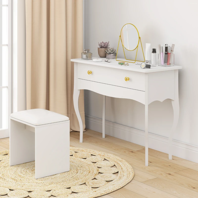 HOMCOM Masă de Toaletă Elegantă cu Sertar Spațios din Lemn Alb 100x40x74 cm