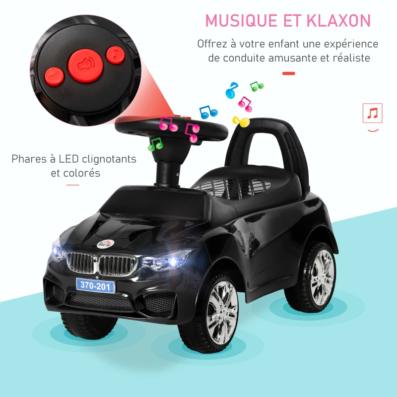 HOMCOM Porteur enfants voiture, véhicule à pousser avec coffre à jouets, klaxon, phares et musique, 63,5 x 28 x 36 cm, noir