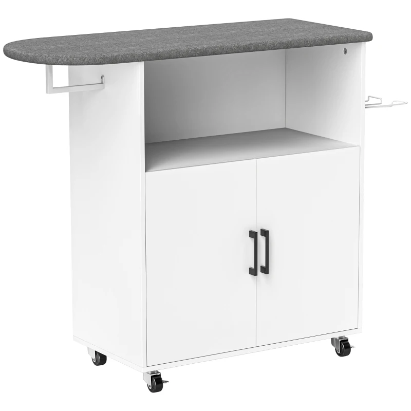 HOMCOM Mueble de Planchar con Ruedas Barra para Colgar Ropa Estante Abierto y Tabla de Planchar 125x43,5x102,5 cm Blanco