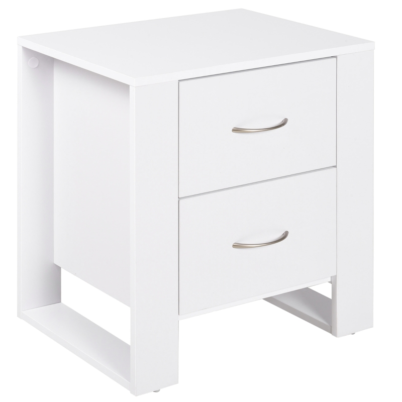 HOMCOM Noptiera Moderna din Lemn, Noptiera 2 Sertare pentru Dormitor cu Manere Argintate, 48x39x54cm, Alb
