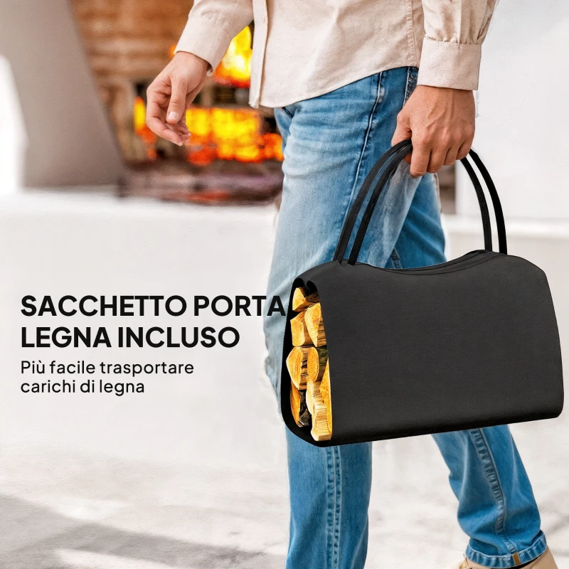 Outsunny Porta Legna in Metallo con Borsa da Trasporto Rimovibile in Tessuto Oxford, 53x33x43 cm, Nero