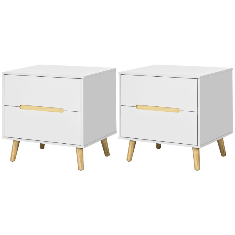 HOMCOM Comodino Moderno con 2 Cassetti, Set 2 Pezzi in Truciolato e Gambe in Legno di Pino, 50Lx40Px50.5A cm, Bianco