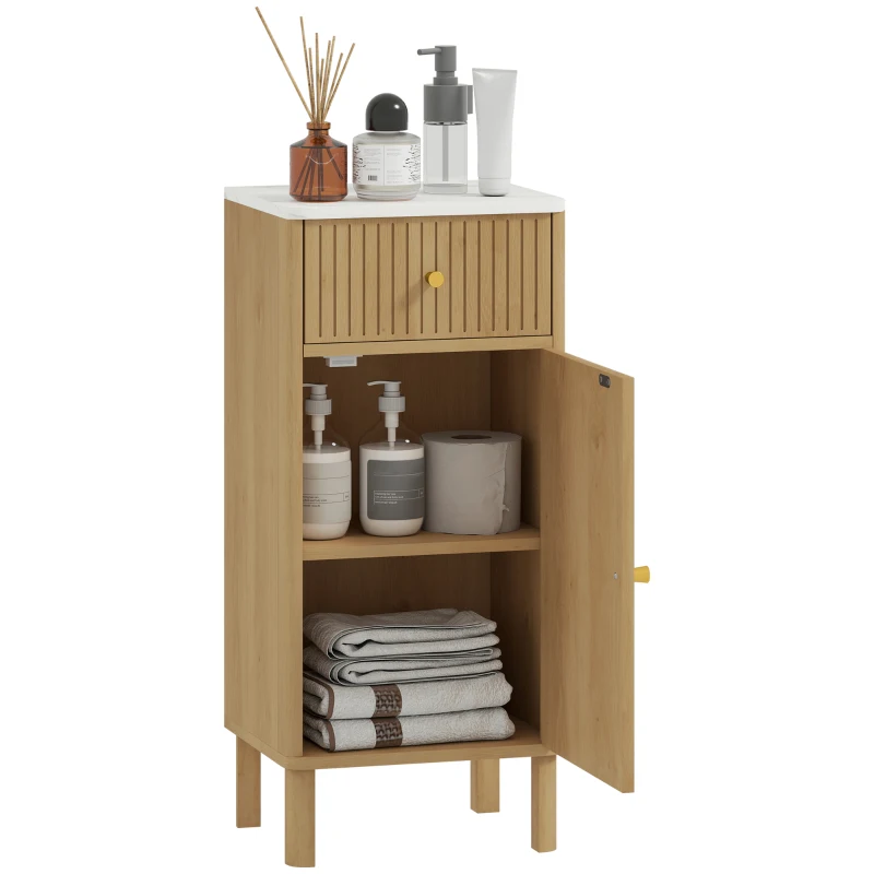 HOMCOM Badezimmerschrank, Aufbewahrungsschrank mit Marmoreffekt-Plattform und gerillter Tür, Schublade 36 B x 30 T x 80 H cm, Eiche