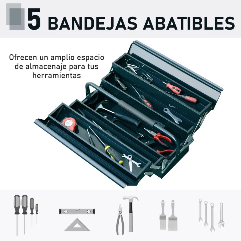 DURHAND Caja de Herramientas Metálica Plegable con 5 Bandejas y Asa para Taller Garaje 45x20x34,5 cm Verde Oscuro