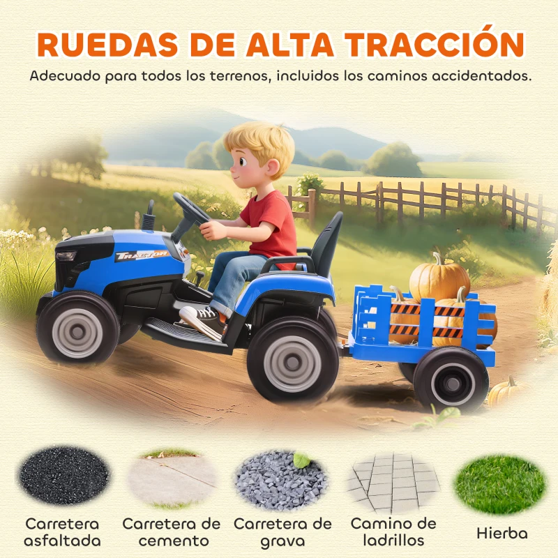 AIYAPLAY Tractor Eléctrico para Niños con Remolque Desmontable Batería 12V Velocidad 3-5 km/h, Control Remoto 2,4G Azul