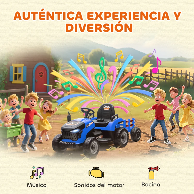 AIYAPLAY Tractor Eléctrico para Niños con Remolque Desmontable Batería 12V Velocidad 3-5 km/h, Control Remoto 2,4G Azul