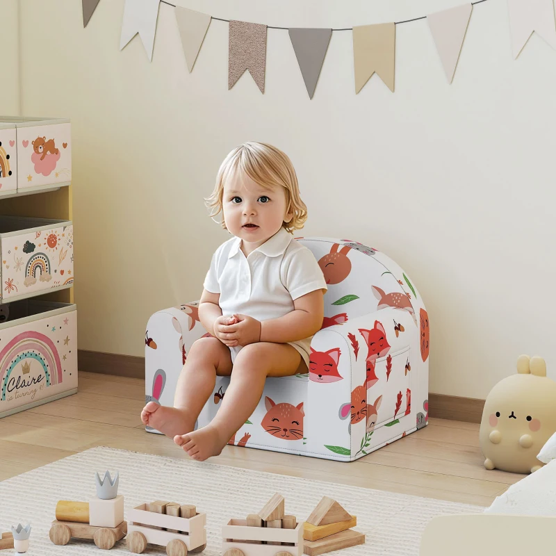 AIYAPLAY Poltrona per Bambini con Stampa di Volpi, da 18-36 Mesi, con Fodera Rimovibile e Tasca, 54x40x43 cm, Bianco