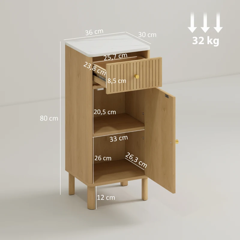 HOMCOM Badezimmerschrank, Aufbewahrungsschrank mit Marmoreffekt-Plattform und gerillter Tür, Schublade 36 B x 30 T x 80 H cm, Eiche