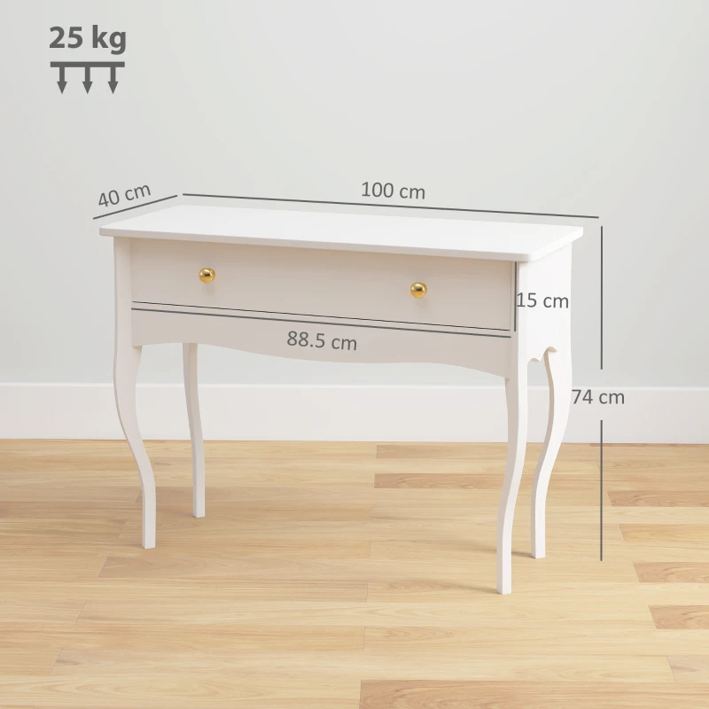 HOMCOM Masă de Toaletă Elegantă cu Sertar Spațios din Lemn Alb 100x40x74 cm