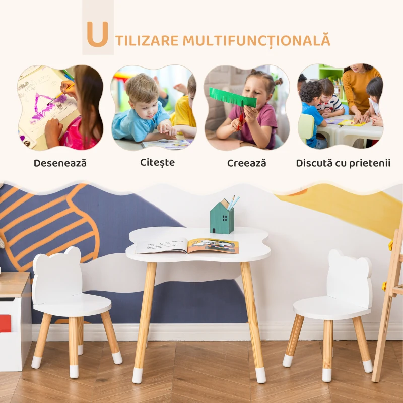 Qaba Set Masa & Scaun Lemn Copii – Pentru Joaca, Desen & Activitati