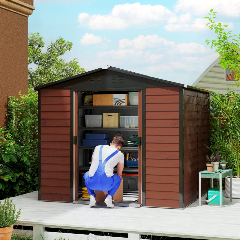 Outsunny Metalen Tuinschuur, Weerbestendig & Roestvrij, Afsluitbaar, 2,40 x 2,06 x 1,98 m, Teak