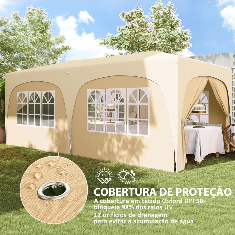 Outsunny Tenda Dobrável 3x6 m com Painéis Laterais UPF50+ Tenda de Jardim com Altura Ajustável e Bolsa de Transporte Areia