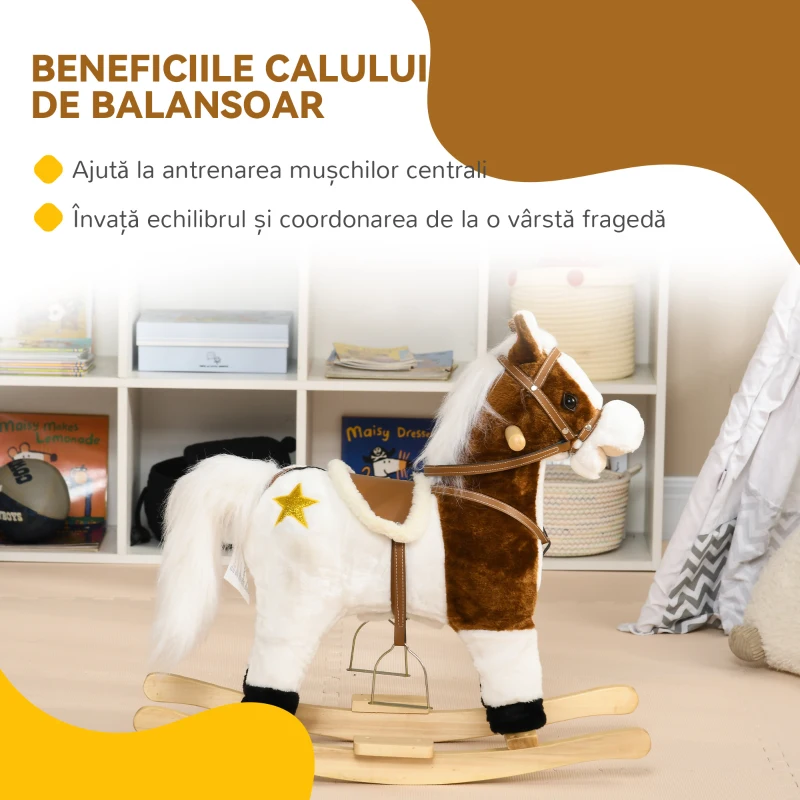 HOMCOM Cal Balansoar cu Sunet Muzical, Cal de Calarit cu Sa Cadou pentru Fetite si Baieti de 3-6 ani, Maro.
