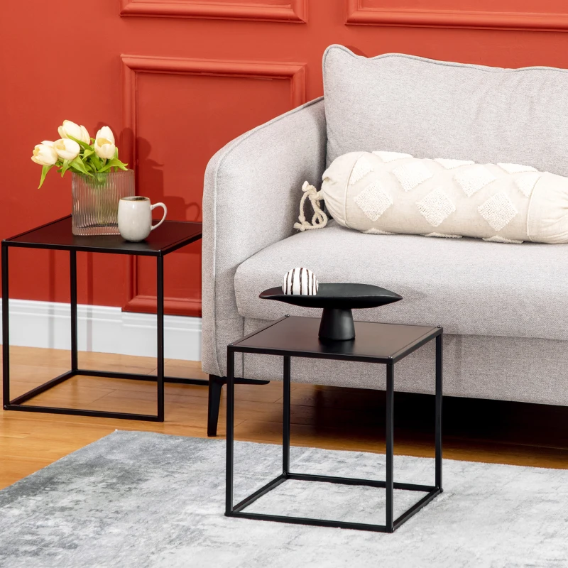 HOMCOM Juego de 2 Mesas Nido Mesas de Centro para Salón Cuadradas Material de Acero Grande 40 cm Pequeña 35 cm Negro
