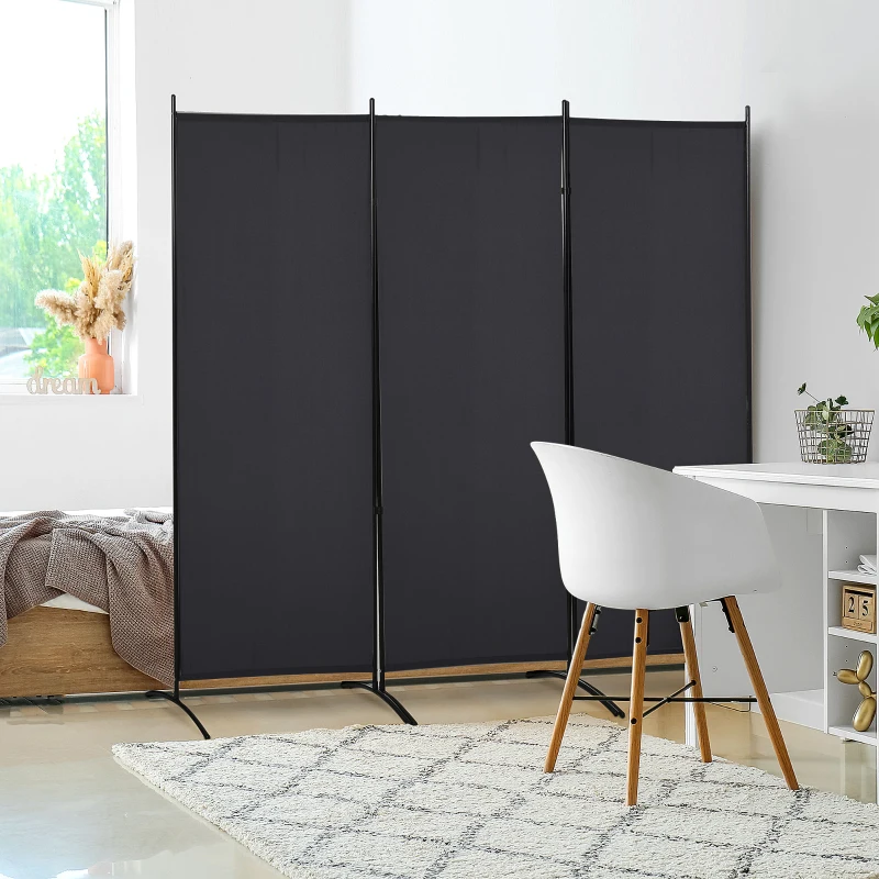 HOMCOM Biombo Separador de Ambientes de 3 Paneles 253x50x182 cm Divisor de Habitación Plegable con 6 Pies de Metal Negro