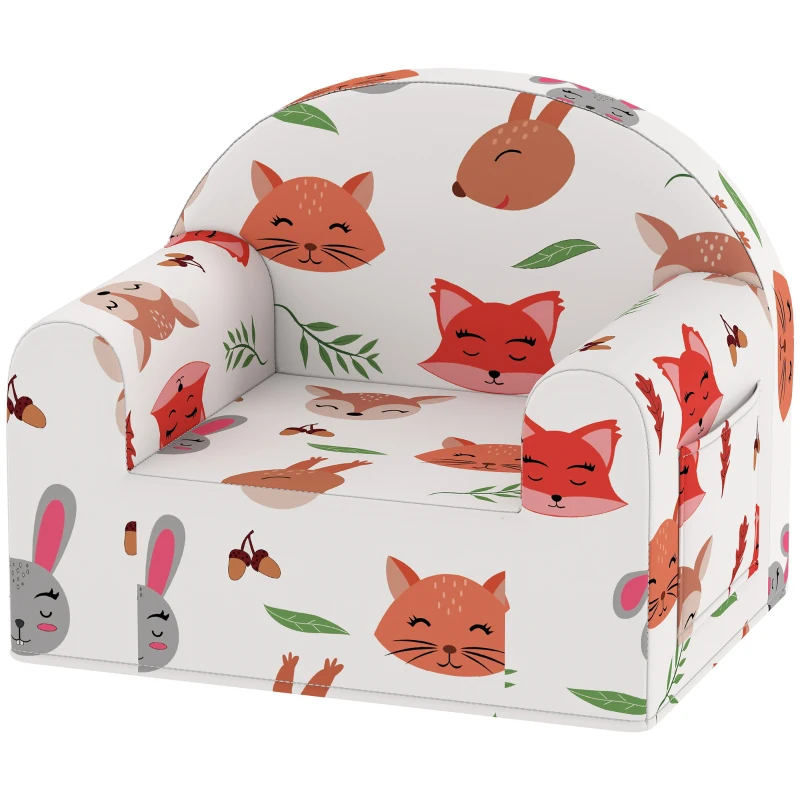 AIYAPLAY Sillón Infantil con Estampado de Zorros Sofá para Niños de 18-36 Meses con Funda Extraíble y Bolsillo 54x40x43 cm Blanco