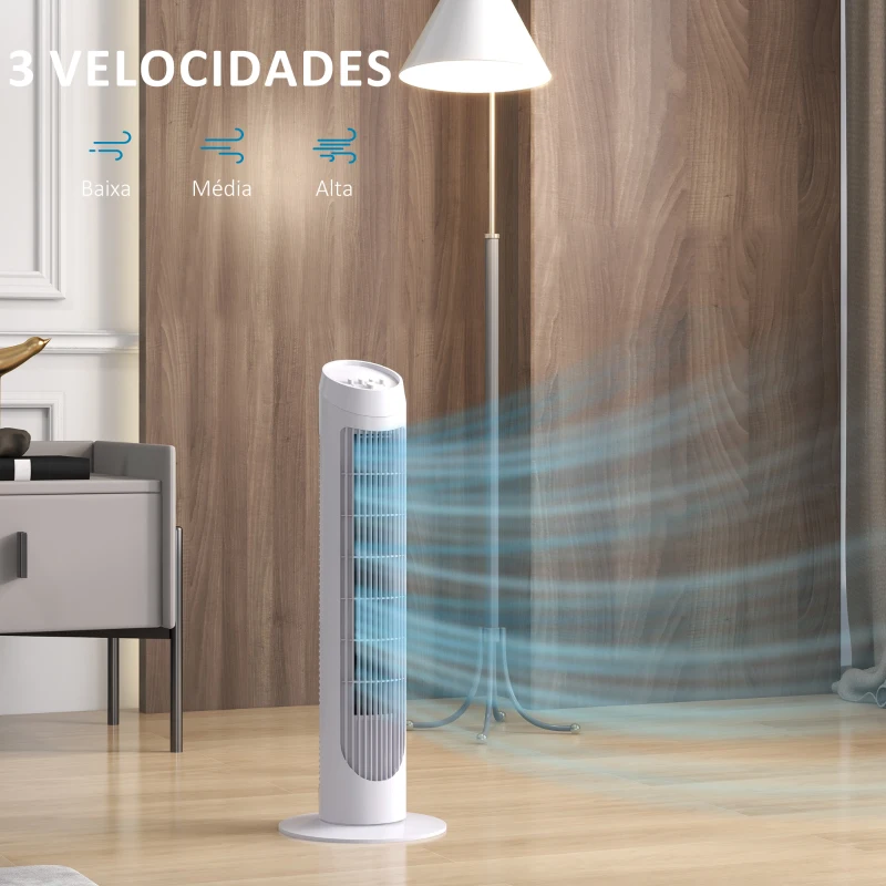 HOMCOM Ventoinha de Coluna 45W Ventoinha de Coluna Silenciosa com 3 Velocidades e Oscilação 70° para Sala Quarto Ø27x75 cm Branco