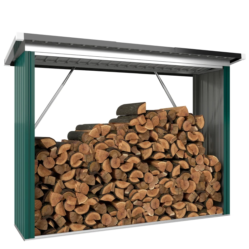 Outsunny Lagerhaus für Brennholz aus verzinktem Stahl mit erhöhter Basis und geneigtem Dach 213x66,5x150 cm Grün