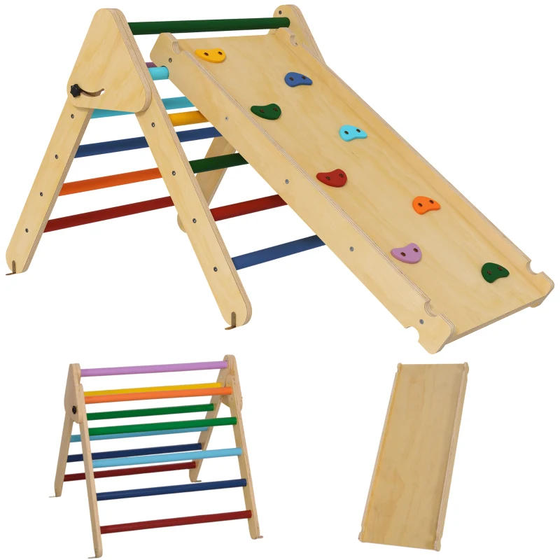 AIYAPLAY Triángulo de Escalada de Madera 3 en 1 con Rampa para Deslizarse o Escalar 147x64,5x63 cm Multicolor(m-1)