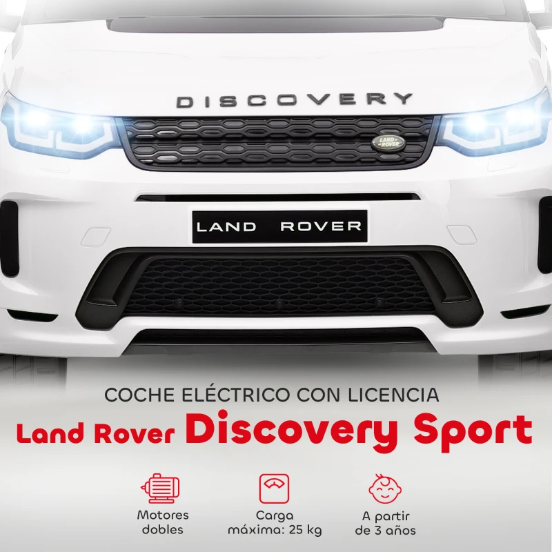 AIYAPLAY Coche Eléctrico para Niños con Licencia Land Rover Discovery Sport Batería 12V Mando a Distancia Faros y Música Blanco