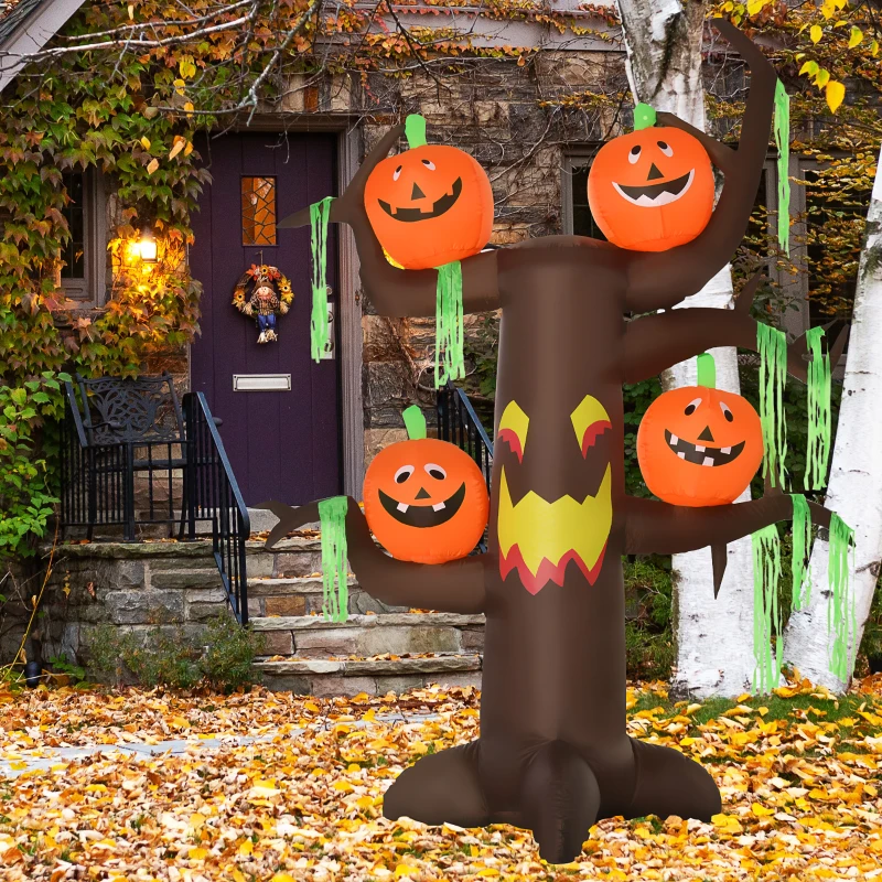 HOMCOM 2.4m Halloween Inflatable Ghost Tree with 4 Pumpkins 2 Build-in LEDs, Blow Up Inflatables for Halloween Party Yard Lawn Outdoor Indoor Decoration