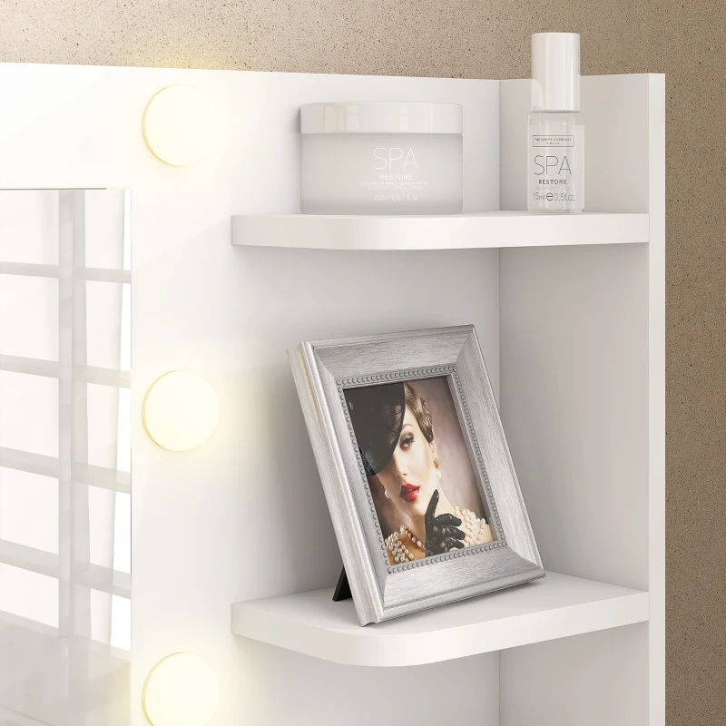 HOMCOM Tocador de Maquillaje con Luces LED y Taburete Espejo 2 Colores 10 Bombillas Cajón Estantes Compartimentos Blanco