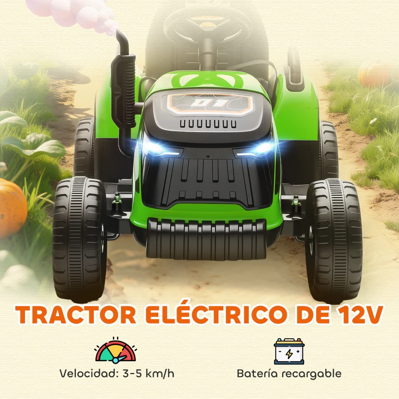 AIYAPLAY Tractor Eléctrico para Niños con Remolque Desmontable Batería 12V Velocidad 3-5 km/h, Control Remoto 2,4G Verde