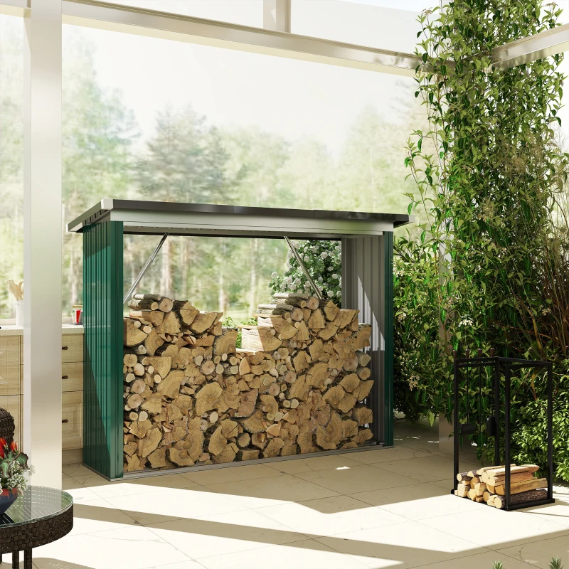 Outsunny Casetilla pour Leña de Acero Galvanizado con Base Elevada y Techo Inclinado 213x66,5x150 cm Verde