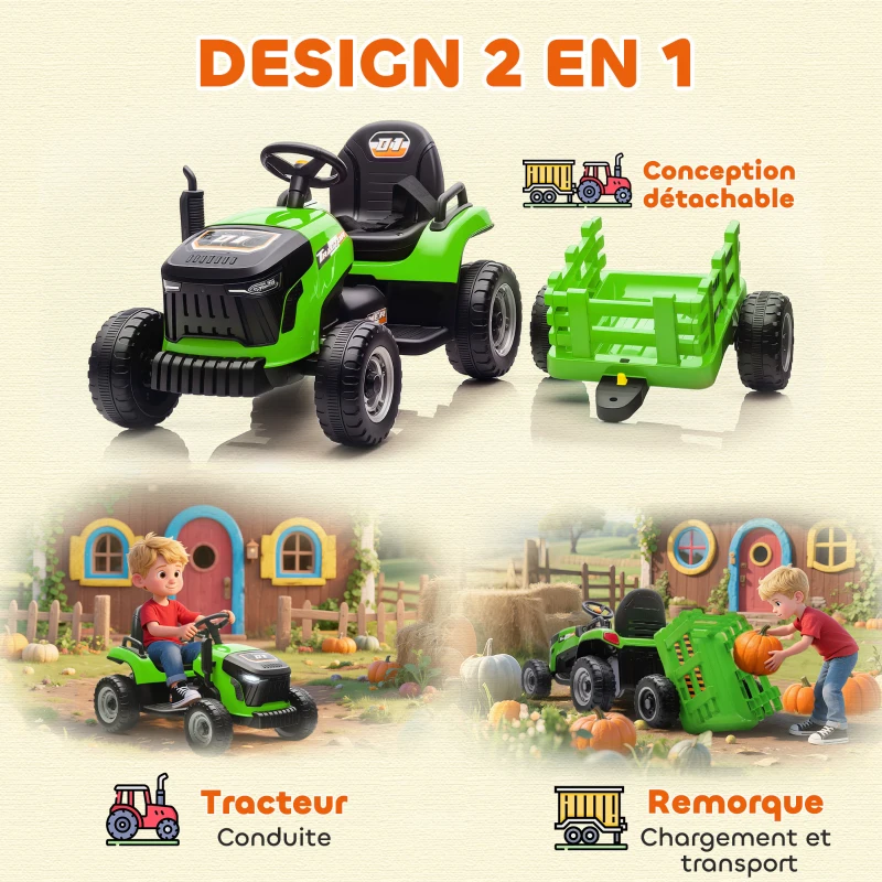 AIYAPLAY Tracteur électrique enfants avec remorque amovible, voiture électrique enfants, télécommande 2,4G, 139x58x55cm, vert