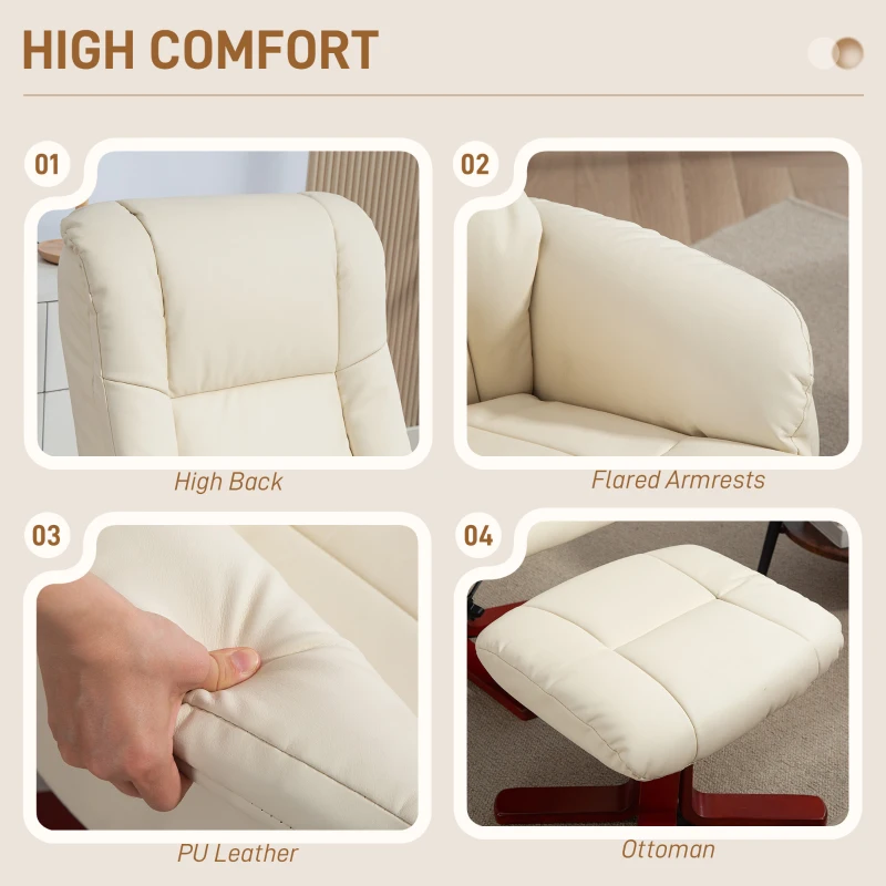 HOMCOM Rocking Recliner Chair with Footstool, PU Leather Recliner Armchair with Wood Base, Upholstered Reclining Chair for Living Room Bedroom, Cream