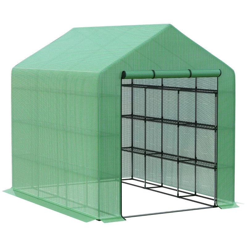 Outsunny Serre de jardin serre d'hivernage avec étagères 3 niveaux porte enroulable tube en acier 244 x 180 x 210 cm vert