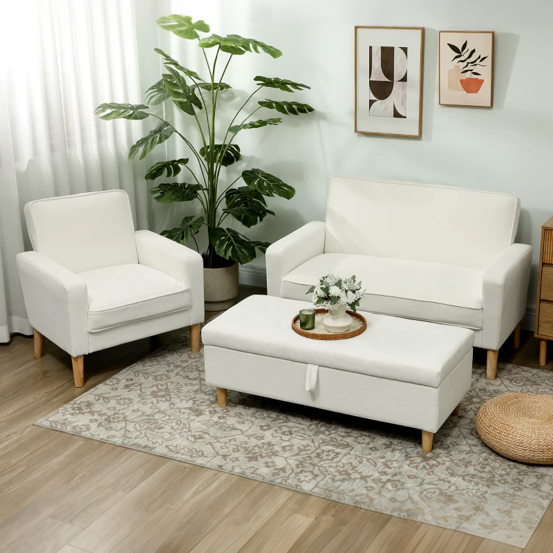 HOMCOM 2-Sitzer-Sofa, Doppelsitzsofa mit Kautschukholzbeinen, Polstersofa für Wohnzimmer, Schlafzimmer, Cremeweiß(m-8)