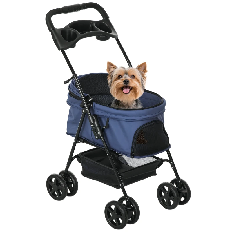 PawHut Carrito para Perros Pequeños con Ruedas Universales Cesta de Almacenaje Correas de Seguridad y Ventanas 67x45x96 cm Azul