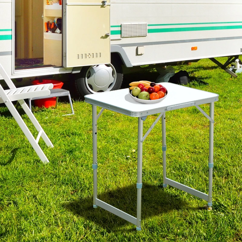 Outsunny Masă de Camping Pliabilă, Masă Universală, Masă de Transport pentru Grădină, Aluminiu, Alb 60 x 45 x 47,5/64 cm