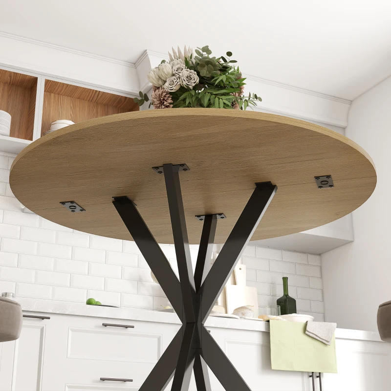 HOMCOM Runder Küchentisch, 80 cm, kompakte Tischplatte, Spanplatte, Metall, Weiße Eiche+Schwarz(m-9)