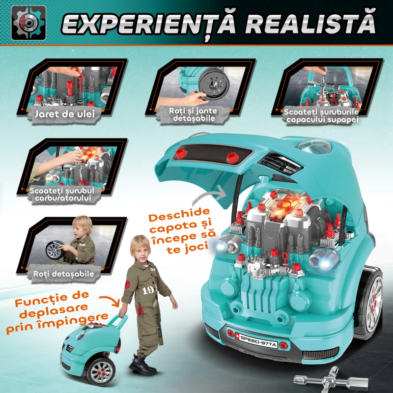 Homcom Atelier Jucarie Camion – Motor & 61 Accesorii, cu Roti si Maner