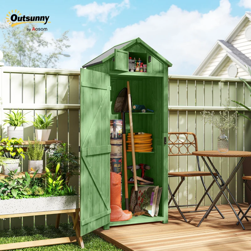 Outsunny Wooden Garden Shed, Utility Outdoor Small Shed with Lockable Double Doors, Shelves and Roof Hatch, Dark Green(m-2)