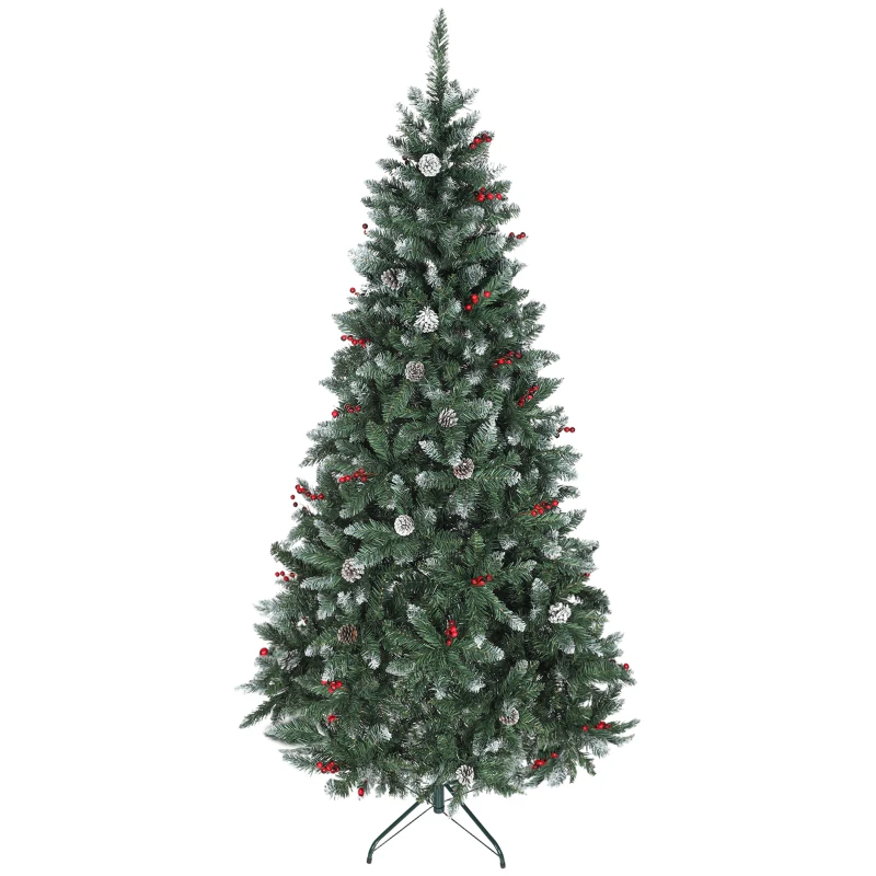 HOMCOM Weihnachtsbaum 210 cm hoch für den Innenbereich mit 928 Zweigen, Kiefernzapfen und Roten Beeren, Metallständer, Grün