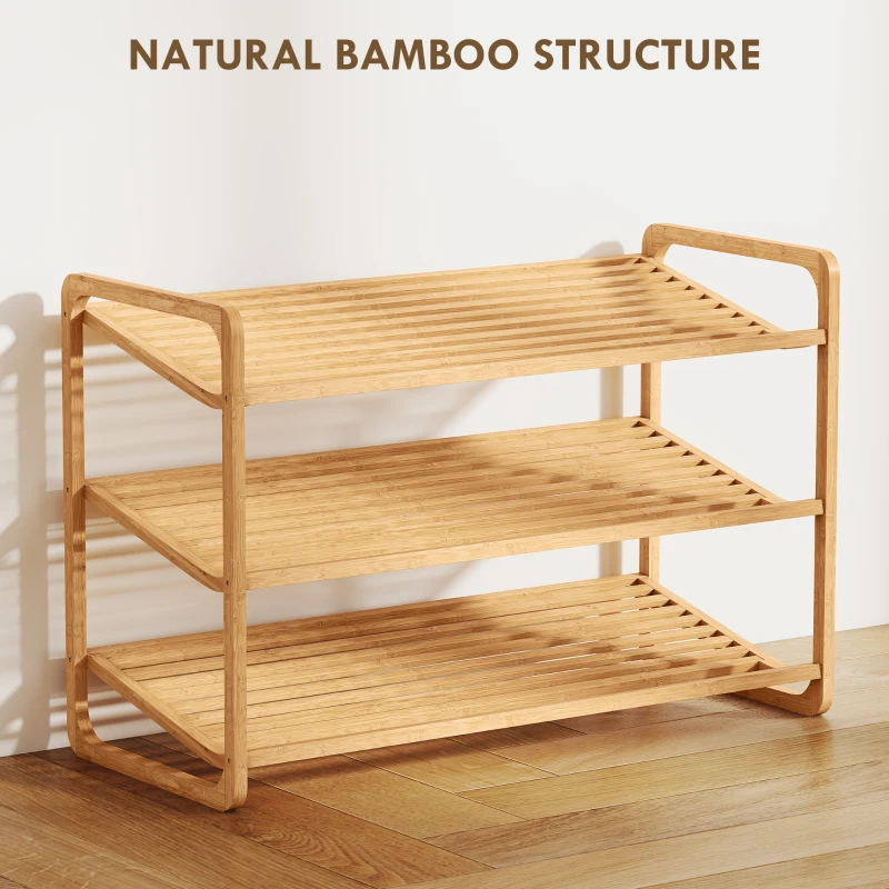 HOMCOM Etajeră pentru pantofi cu 3 rafturi pentru 12 perechi de pantofi din bambus 76x33x50.8 cm