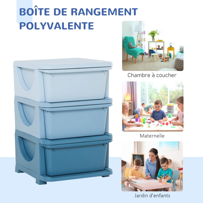 HOMCOM Organisateur de jouets pour enfants avec tiroirs à 3 niveaux, boîtes de rangement en plastique, 37 x 37 x 56,5 cm, bleu