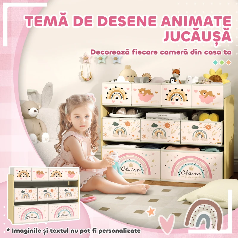 AIYAPLAY Etajeră Depozitare Jucării cu 3 Niveluri și 9 Cutii de Țesătură, Mobilier Depozitare Jucării, 93x30x70 cm, Galben