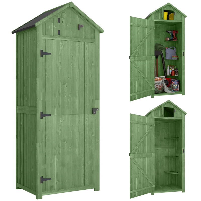 Outsunny Wooden Garden Shed, Utility Outdoor Small Shed with Lockable Double Doors, Shelves and Roof Hatch, Dark Green