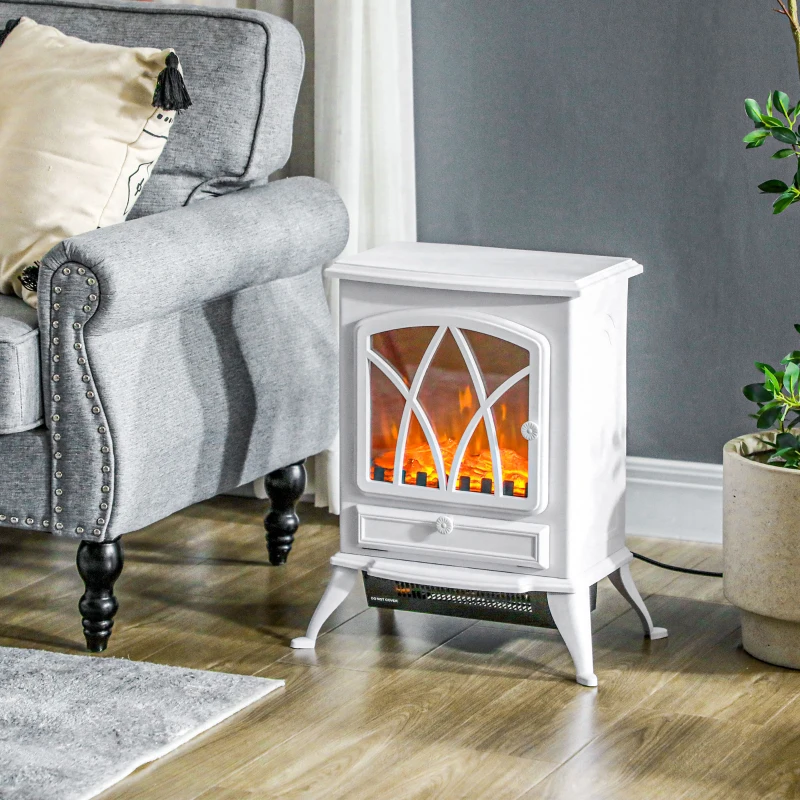 HOMCOM Elektrischer Kaminofen mit 1000/2000 W, dekorativer Elektrokamin mit LED Flammeneffekt, Weiß