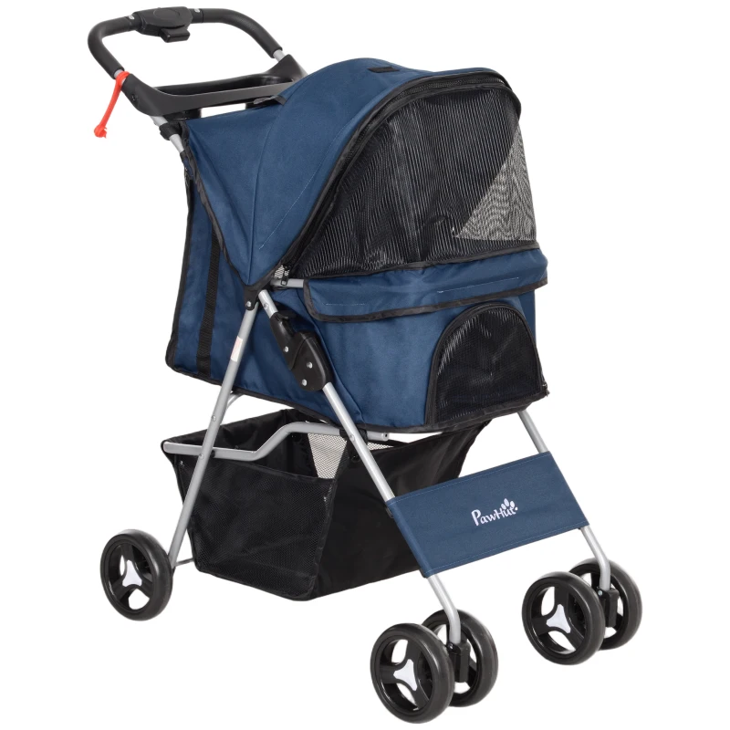 PawHut Carrito para Perros con Toldo Ajustable Cesta de Almacenaje y Ruedas con Freno Tela Oxford 75x46x94 cm Azul Oscuro