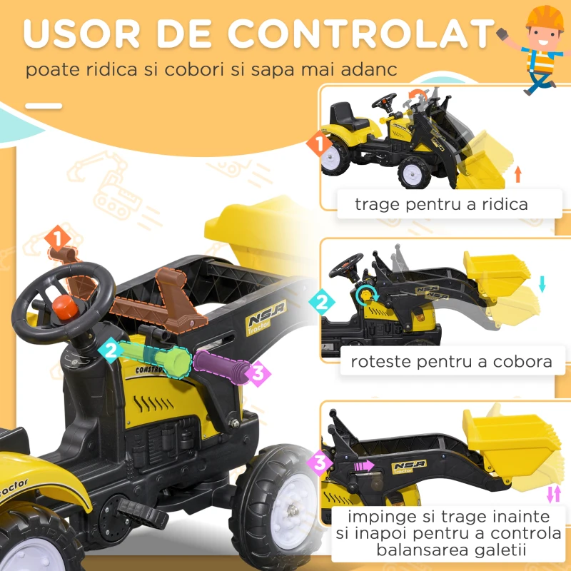 Homcom Excavator Copii 3 Ani – Cu Pedale, Cupa & Volan Functional(m-4)