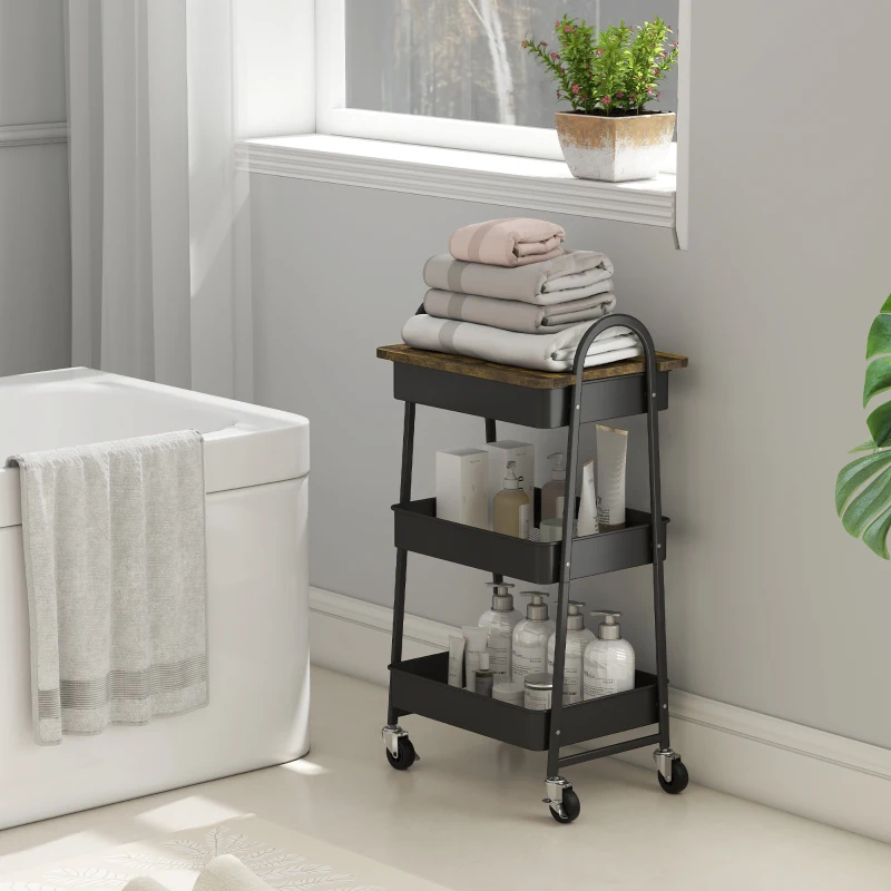 HOMCOM 3-Tier Kitchen Storage Trolley with on Wheels Cover Top Board - Rustic Brown and Black